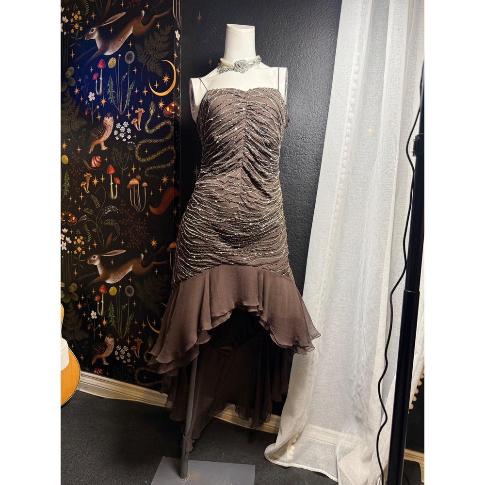 Scala Silk Beaded Sequin High Low Dress Brown Ruched Evening Gown with Shawl
